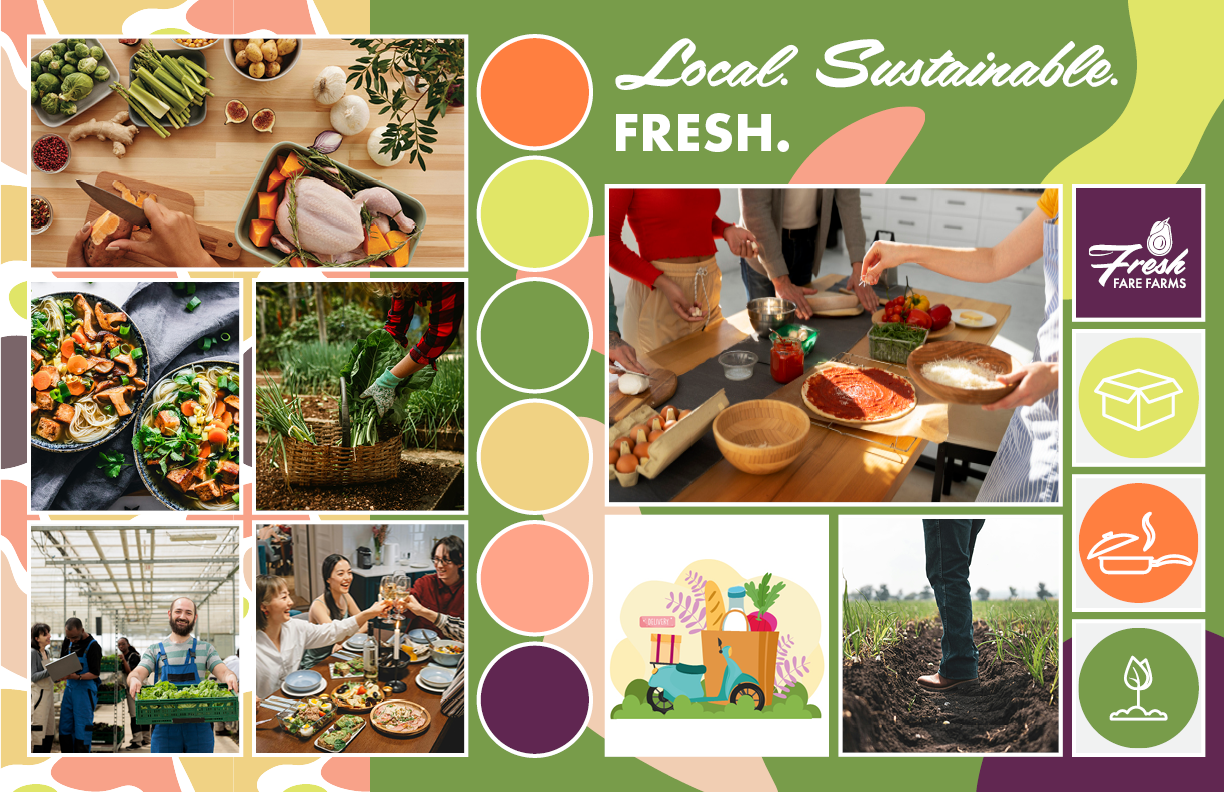 Mood board with colors, images and assets for Fresh Fare Farms